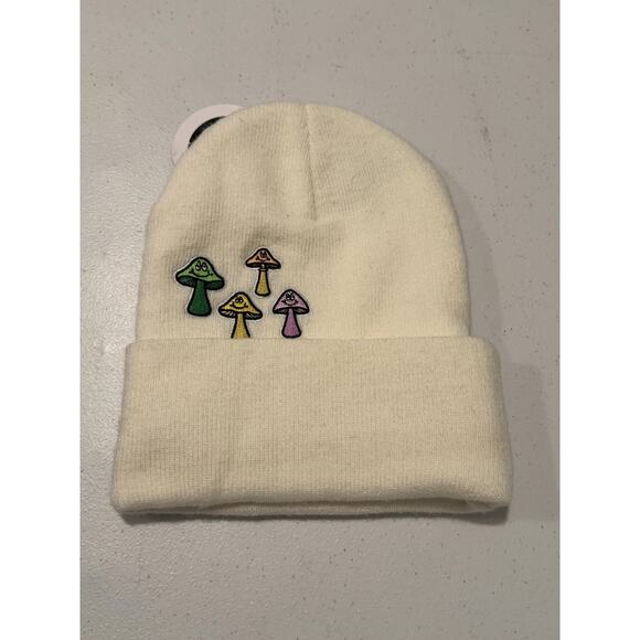Neff Hat Cap Beanie Cuffed Cream White Embroidered Mushrooms Streetwear Mens - Picture 2 of 3